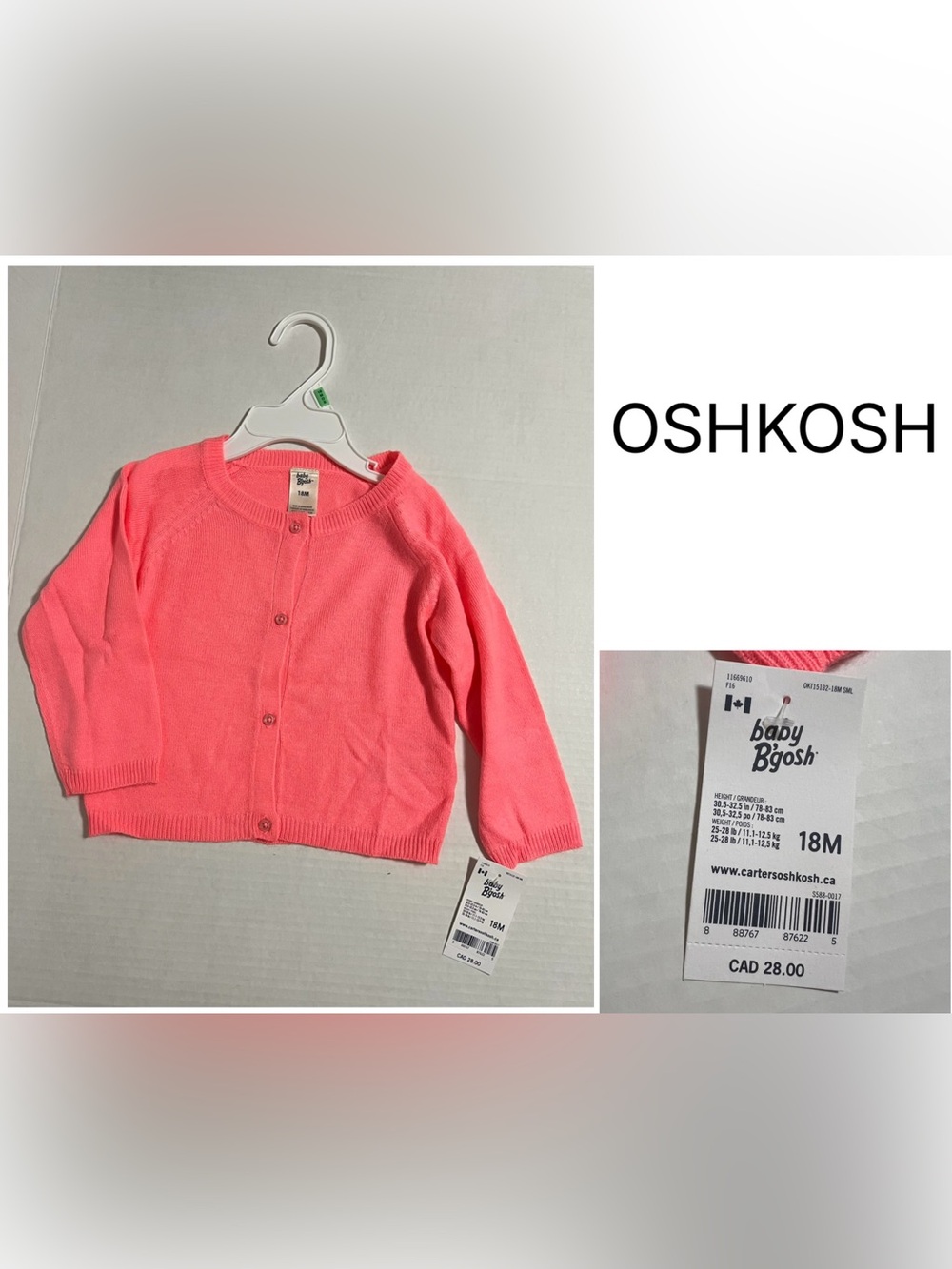 OSHKOSH - 18M - NWT - INFANT GIRLS CORAL PINK KNIT CARDIGAN SWEATER